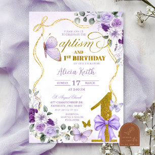 Coquette Purple Butterfly baptism and 1st birthday Invitation