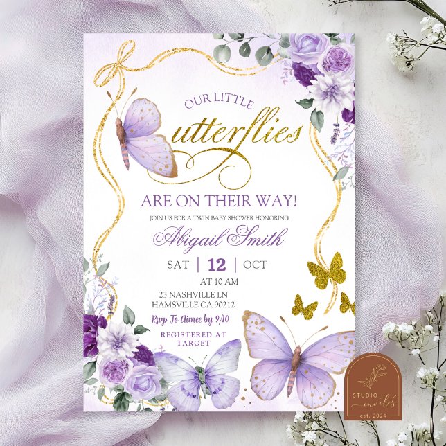 Coquette Purple Butterfly Twins Baby Shower Invitation (Creator Uploaded)