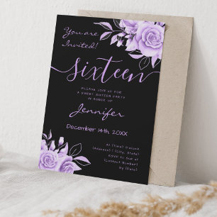 Coquette Purple Sweet 16 Floral Glam Black Invitation