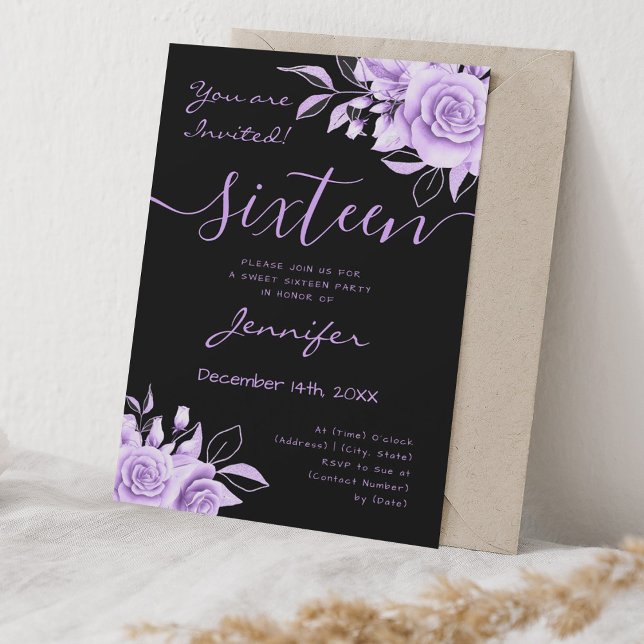 Coquette Purple Sweet 16 Floral Glam Black Invitation (Coquette Purple Sweet 16 Floral Glam Black Invitation)