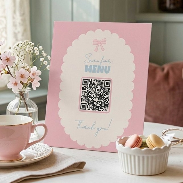 Coquette QR Code Menu Pink Bow Pastel Cafe Display Pedestal Sign (Creator Uploaded)