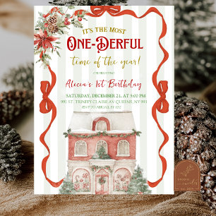 Coquette Red Bow Christmas Sweet Shop 1st Birthday Invitation
