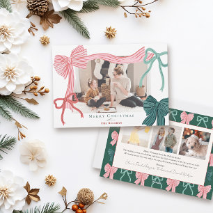 Coquette Red & Green Bows 4 Photo Christmas Holiday Card