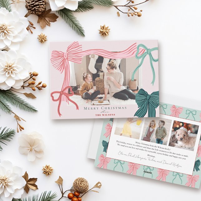 Coquette Red & Green Bows 4 Photo Pink Christmas Holiday Card (Creator Uploaded)
