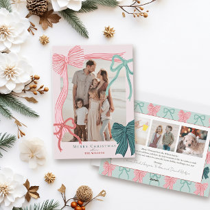 Coquette Red & Green Bows 4 Photos Pink Christmas Holiday Card