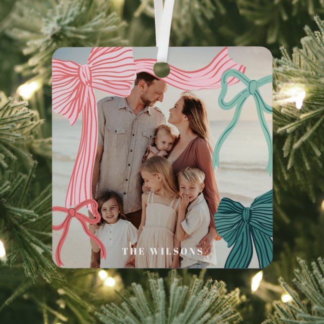 Coquette Red & Green Bows Photo Christmas Holiday Metal Ornament (Insitu)