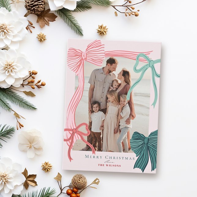 Coquette Red & Green Bows Pink Photo Christmas Holiday Card (Creator Uploaded)