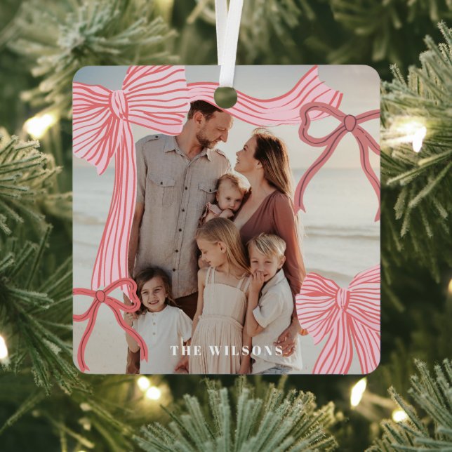 Coquette Red & Pink Bows Photo Christmas Holiday Metal Ornament (Insitu)
