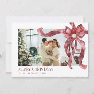 Coquette Red Plaid Gift Bow Photo Christmas Card