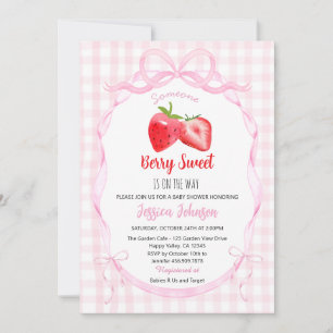 Coquette Ribbon Bow Strawberry Baby Shower Pink Invitation