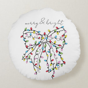 Coquette Ribbon Christmas Lights Merry & Bright Round Pillow