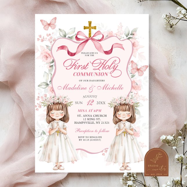 Coquette Ribbon Floral Twins First Holy Communion Invitation (Creator Uploaded)