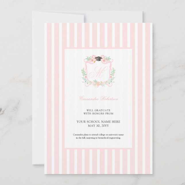  Coquette Ribbon Graduation Monogram Crest  Invitation (Back)
