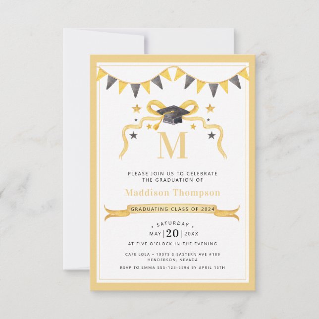 Coquette Ribbon Graduation Monogram Crest Invitation (Front)