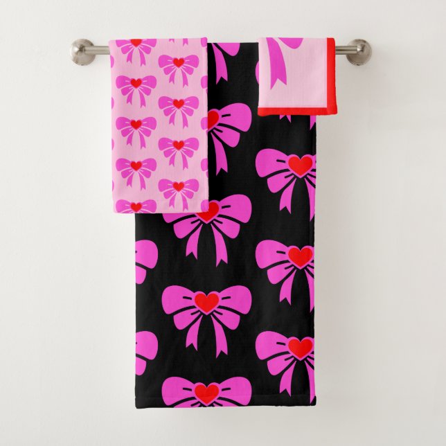 Coquette Ribbon Pattern Red Pink Black y2k Bath Towel Set (Insitu)
