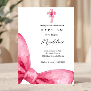 Coquette Rose Blush Bow Girls Baptism Invitation