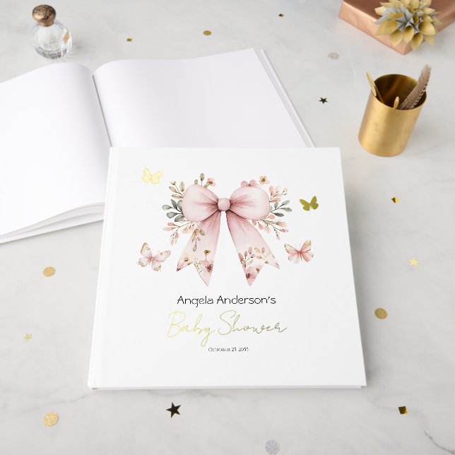 Coquette rose floral Bow Baby shower livre d'invit (Recto ouvert)
