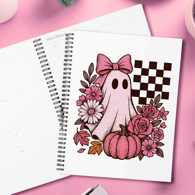 Coquette rose rétro Fille fantôme avec Bow Hallowe (This coquette ghost retro Halloween design combines floral sweetness with spooky spirit.)