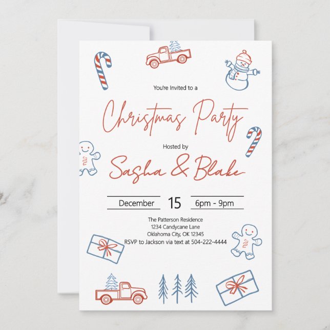 Coquette Rustic Red & Blue Christmas Party  Invitation (Front)