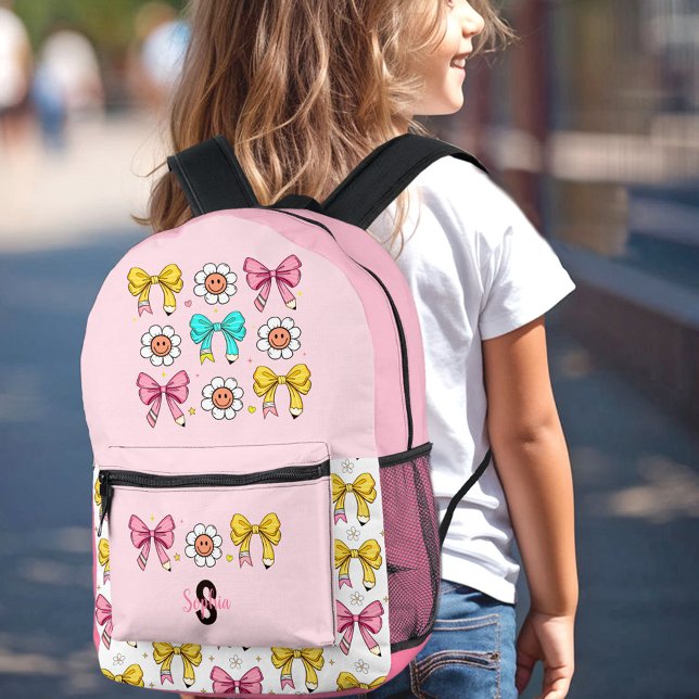 Coquette School Girl Cute Pink Bow Pencil Monogram Printed Backpack (Coquette School Girl Cute Pink Bow Pencil Monogram Printed Backpack)