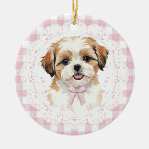 Coquette Shih Tzu Dog Pink Gingham Bows Ceramic Ornament