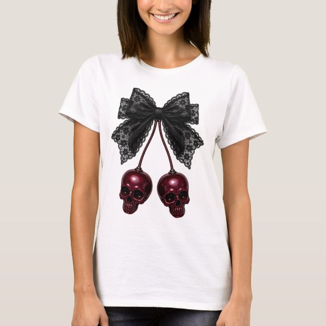 Coquette Skull Bow Gothic Cherry T-Shirt (Front)