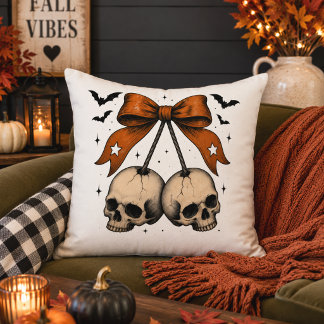 Coquette Skull Bow Halloween Illustration Throw Pillow
