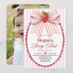 Coquette Strawberry 1st Berry Firs Birthday Party  Invitation