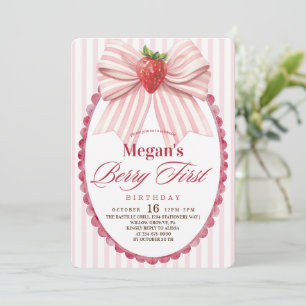 Coquette Strawberry 1st Girly Birthday Party  Invitation