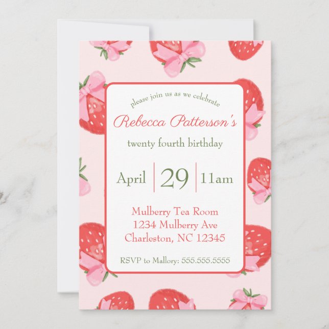 Coquette Strawberry Bows Feminine Cute Party Invitation (Front)