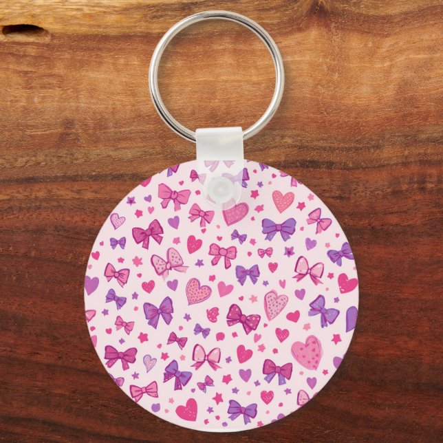 Coquette Style Pink Purple Bow & Heart Pattern Keychain (Front)