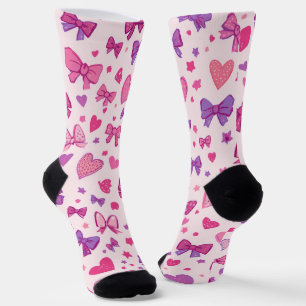 Coquette Style Pink Purple Bow & Heart Pattern Socks