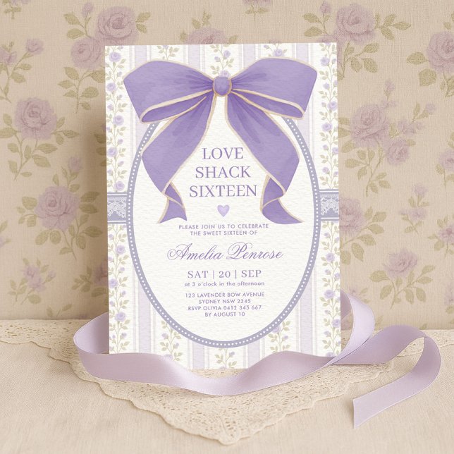 Coquette Sweet 16 Purple Bow Floral Birthday Invitation (Creator Uploaded)