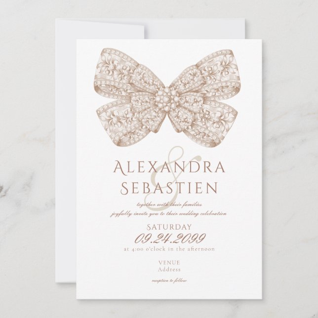Coquette Vintage Diamonds Bow Mocha Mousse Wedding Invitation (Front)