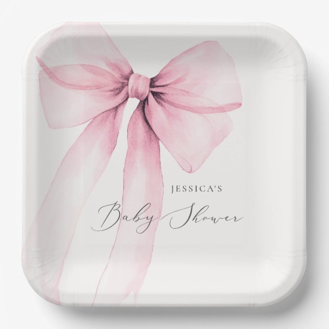 Coquette Watercolor Pink Bow Baby Shower Paper Pla Plate (Front)