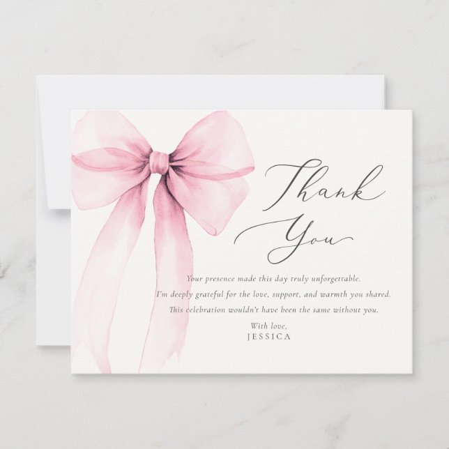 Coquette Watercolor Pink Bow Thank You Card (Front)