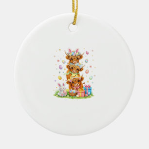 Coquette Western Highland Cow Easter Eggs Cute Bun Ceramic Ornament