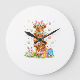 Coquette Western Highland Cow Easter Eggs Cute Bun Large Clock