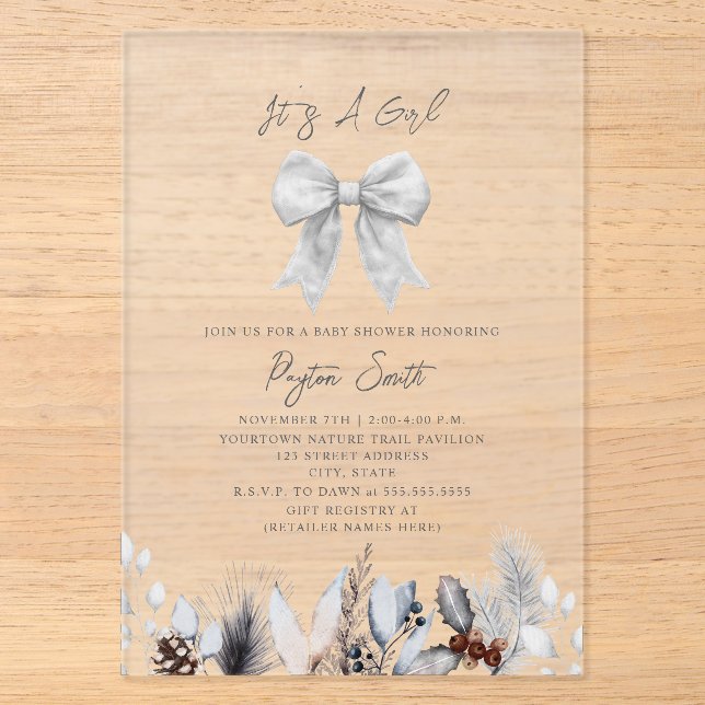 Coquette White Bow Winter Botanical Baby Shower Acrylic Invitations (Front)