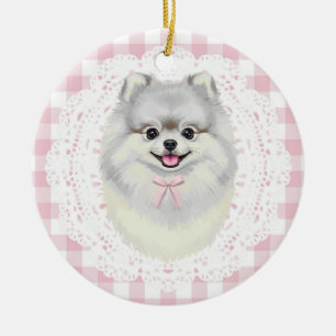 Coquette White Pomeranian Dog Pink Gingham Bows Ceramic Ornament