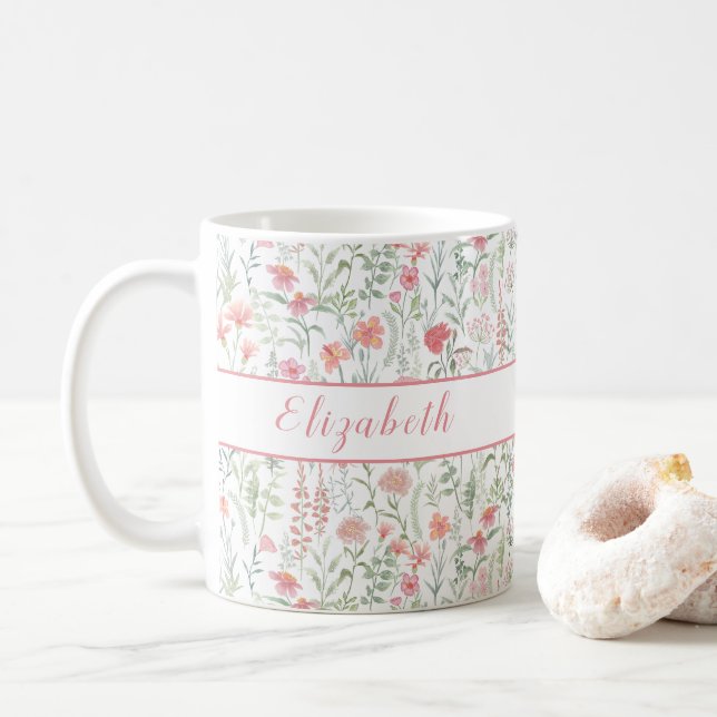 Coquette Wildflower Meadow Personalised Pink Coffee Mug (With Donut)