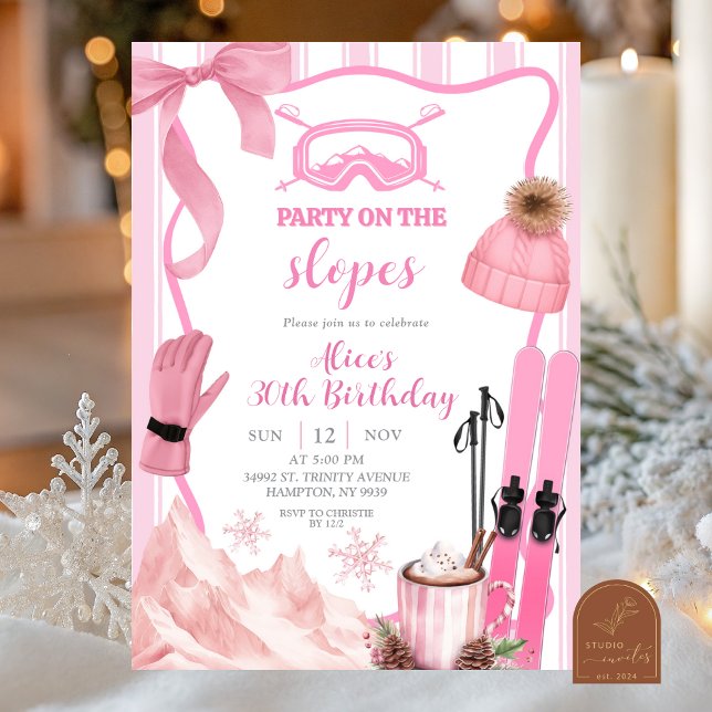 Coquette Winter Pink pastel Ski birthday Invitation (Creator Uploaded)