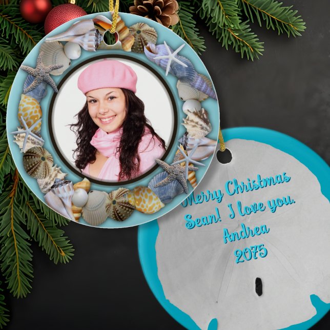 Coquillages, cadre photo bleu Ornement de Noël (Créateur téléchargé)