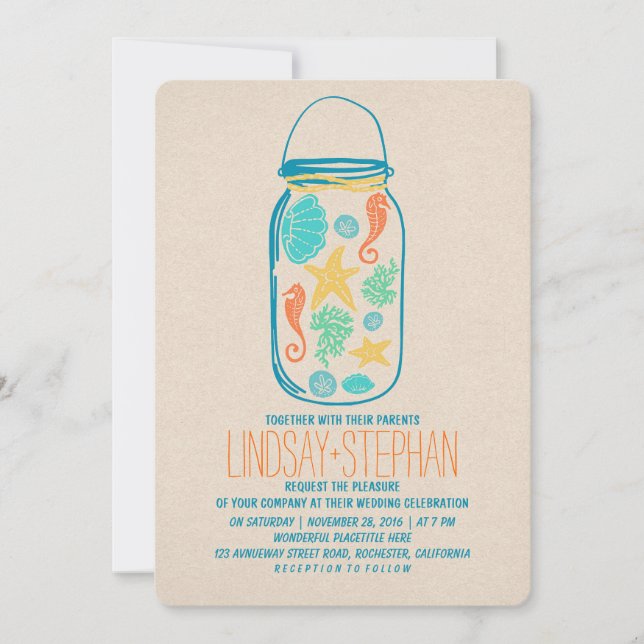 Coquillages mason jar plage invitations mariage (Devant)
