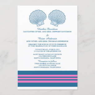 Coquillages Nautiques Rose Bleu Invitation Mariage