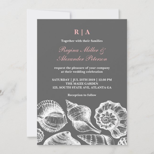Coquillages rose gris Plage Mariage Invitation (Devant)