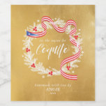 Coquito Christmas Wreath Wine Label<br><div class="desc">Coquito label with a christmas wreath and puerto rican flag ribbon on a gold look background</div>