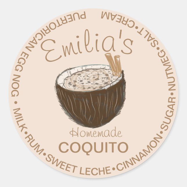Coquito Recipe Drink Coconut Hand Drawn Ingredient Classic Round Sticker (Front)