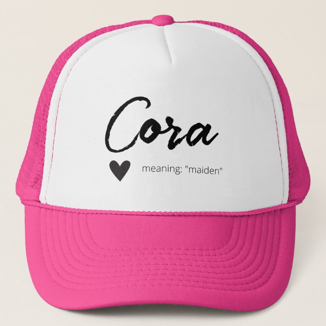 Cora Name Reveal Meaning Minimal Modern Black Text Trucker Hat (Front)