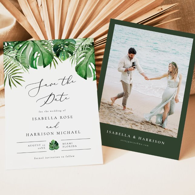 CORA Tropical Beach Palm Leaf Photo Save the Date Invitation (Creator Uploaded)